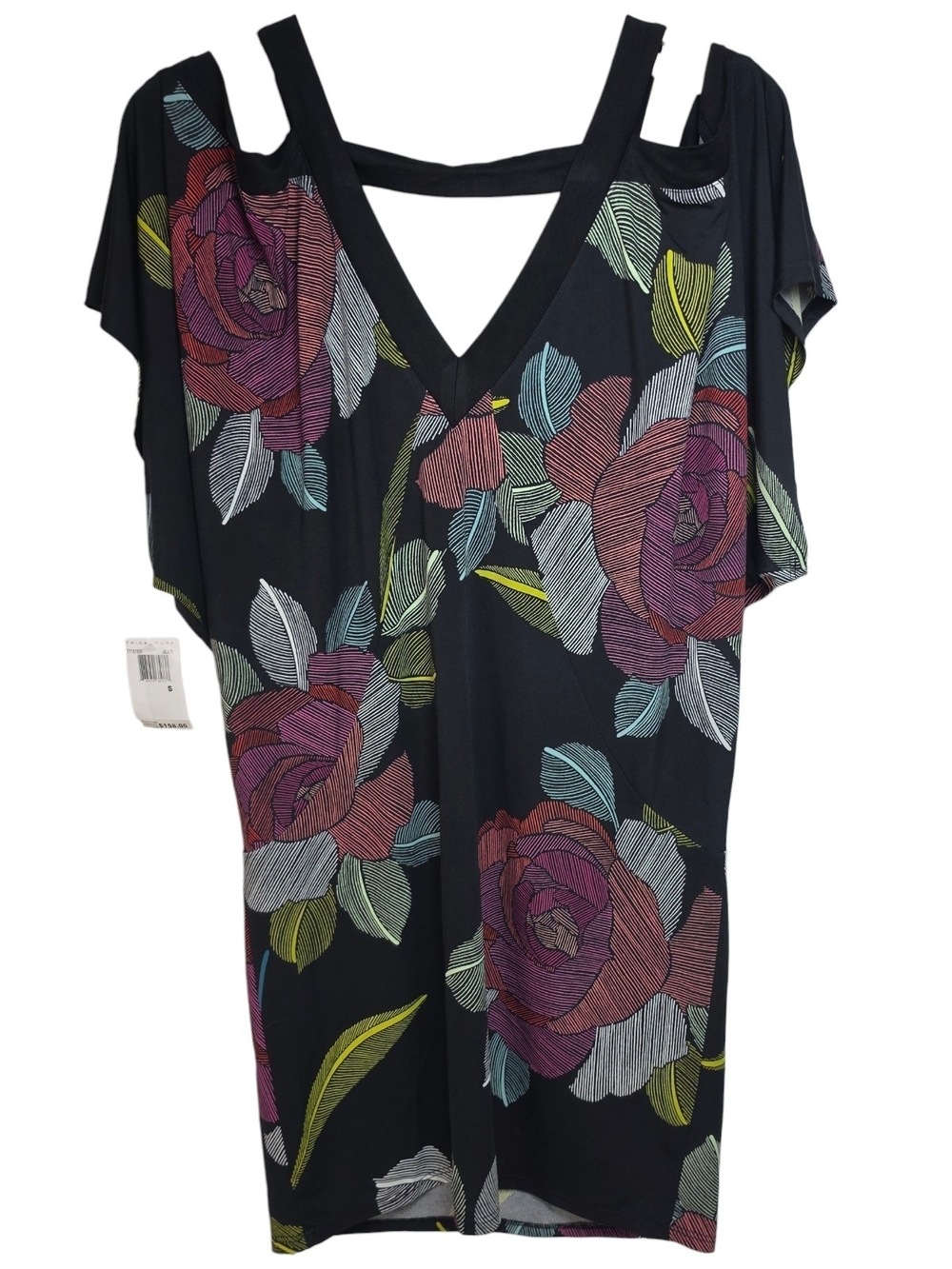 Trina Turk Black Floral V-Neck Cold-Shoulder Swim Coverup, Mini Dress, NWT, Sz S